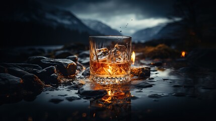 Whiskey glass resting on water, highland mountains background by dark weather - obrazy, fototapety, plakaty