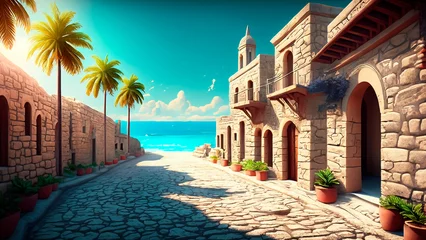 Foto op Plexiglas Casa de playa, palmera y mar celeste © juaneliseo