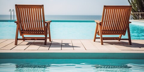 AI Generated. AI Generative. Two wooden dech chairs at swimming pool. Vacation relaxing hotel time. Graphic Art