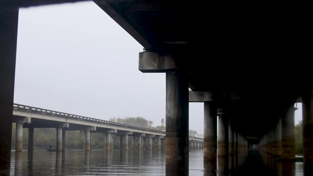 Atchafalaya swamp bridge at sunset in Louisiana.