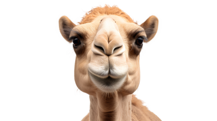 Camel face close-up shot. Isolated on Transparent background.