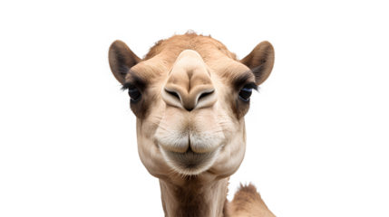Camel face close-up shot. Isolated on Transparent background.