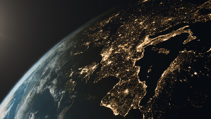 Night as seen from space over planet Earth. A satellite view of the cities lights over Europe.
