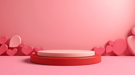 Podium stage with heart shape decoration for product presentation. 