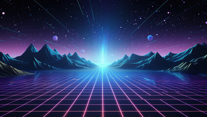 futuristic landscape with mountains and grid neon