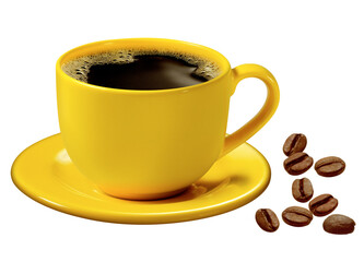 xícara de porcelana amarela com café expresso quente acompanhado de grãos de café torrado...