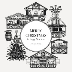 Vintage Christmas card or invitation template. Traditional European architecture. Christmas market with souvenir stalls, Christmas tree, fast food, candy shops sketches. Winter holidays background. - obrazy, fototapety, plakaty