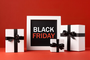 White gift boxes with sign advertising Black Friday on red background