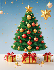 Fototapeta na wymiar Christmas tree with star. Merry Christmas and Happy New Year. light garlands, bauble ball, Gift box, surprise gifts, gold confetti. Cute Cartoon