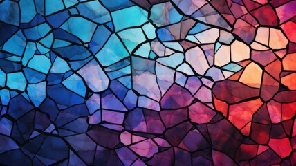 Ripped stained glass in blue, red, purple and orange colors with black lines created with Generative AI