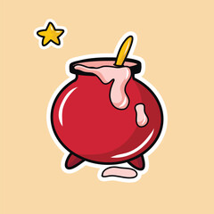 Vector groovy retro illustration for Halloween, a pot with a potion in retro style