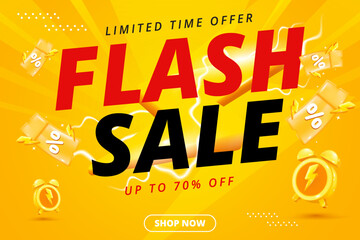 Flash Sale Shopping Poster or banner with Flash icon and 3D text on yellow background. Template design for social media with blank product podium scene.