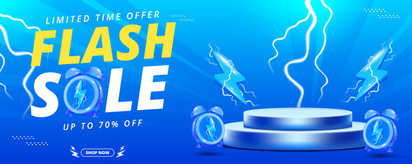 Flash Sale Shopping Poster or banner with Flash icon and 3D text on blue background. Template design for social media with blank product podium scene.