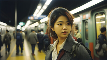 Portrait of young Asian woman waiting for a train at subway station