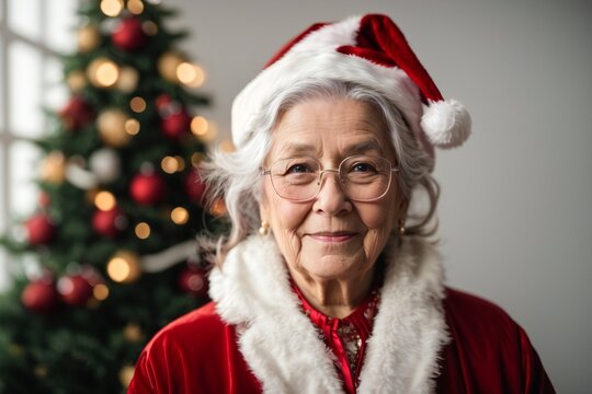 Beautiful Gorgeous Senior Woman Dressed As Santa Claus, Looking At Camera. Elderly Lady In Santa Costume Close Up Portrait. 