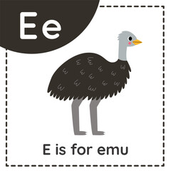 Learning English alphabet for kids. Letter E. Cute cartoon emu.