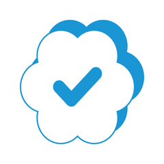 Flat line uncolored check mark icon over white background. verified blue check logo with cloud shield speech bubble with check mark icon. blue and white vector illustration.