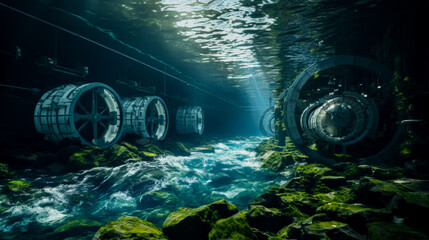 Underwater turbines utilizing tidal currents for renewable energy generation along coastlines  - obrazy, fototapety, plakaty