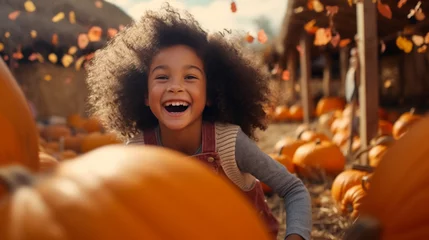 Fototapete Happy child girl with orange pumpkins on farm during autumn festival. Ai generated © lelechka