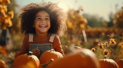 Deurstickers Happy child girl with orange pumpkins on farm during autumn festival. Ai generated © lelechka