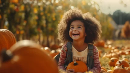 Foto auf Acrylglas Happy child girl with orange pumpkins on farm during autumn festival. Ai generated © lelechka