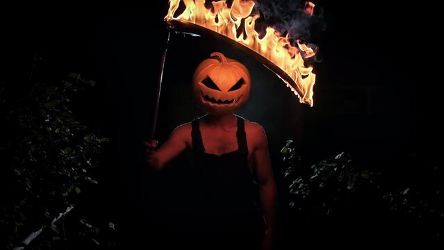maniac with a pumpkin instead of a head and a burning scythe, scary monster, Halloween theme, Halloween monster, scary pumpkin, death with a scythe, slow motion, horror