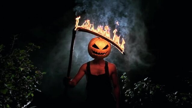 maniac with a pumpkin instead of a head and a burning scythe, scary monster, Halloween theme, Halloween monster, scary pumpkin, death with a scythe, slow motion, horror