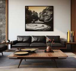modern living room with black couch and coffee tables