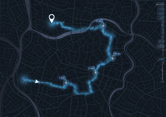 GPS navigator screen. Geometric element, online navigation. Location tracks dashboard. Path turns and destination tag or mark. Huge city top view. vector, illustration. Abstract background