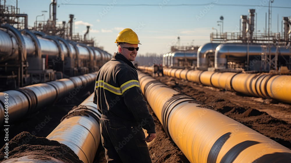 Poster technician checking the system a gas pipeline at industrial zone.