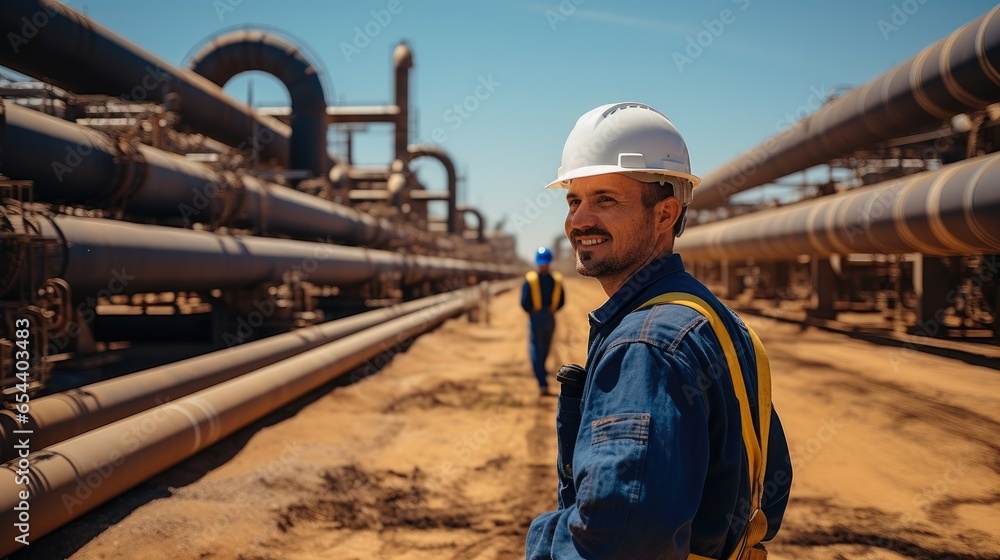 Poster refinery workers with a gas pipeline.