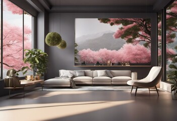 Contemporary living room in pastel tones - 654403409