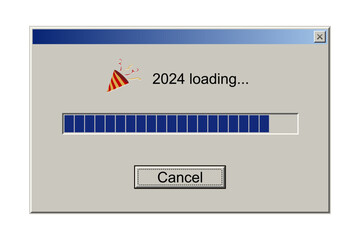 2024 loading notification message in classic retro style of system user interface vector illustration. Retro download bar and buttons, window design mockup with upload progress of New Year holiday