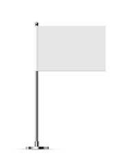 Desk or table rectangle flag on chrome pole mock up. White paper or fabric flag on metal stand. Promotional and advertising vector template isolated on white background
