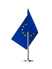Flag of Euro on pole, 3D realistic European Union flagpole on mini steel vertical stand
