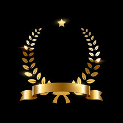 Realistic gold laurel wreath with golden ribbon and star. Premium insignia, traditional victory symbol on black backdrop. Triumph, win poster, banner layout , shiny frame, border