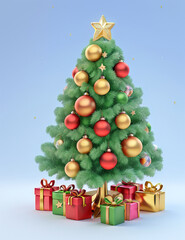 Christmas tree with star. Merry Christmas and Happy New Year. light garlands, bauble ball, Gift box, surprise gifts, gold confetti. Cute Cartoon