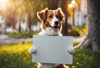 Dog holding up a blank signboard - 654403663