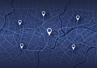 Abstract Map city. Multiple destinations with location system. Direction markers for navigation to town. Location system. Urban map for travel. Route distance data, path turns. destination tag, Vector