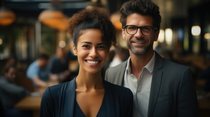 African American woman professional smiling next to caucasian men professional smiling in office. - obrazy, fototapety, plakaty