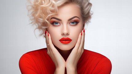 Beautiful girl showing red manicure nails and red lips. Woman Makeup, beauty and cosmetics concept. Copy space - obrazy, fototapety, plakaty