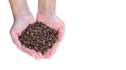 Girl is holding coffee beans in her hands. Isolated on white background. Negative space for text. Coffe break concept. - obrazy, fototapety, plakaty