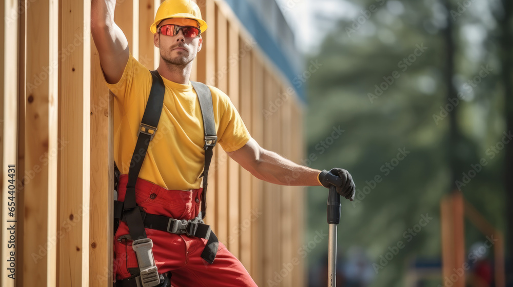 Poster Worker on site, Construction worker using leveling tool at construction site.