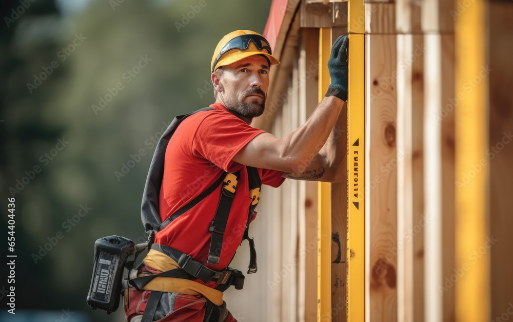 Poster Worker on site, Construction worker using leveling tool at construction site.