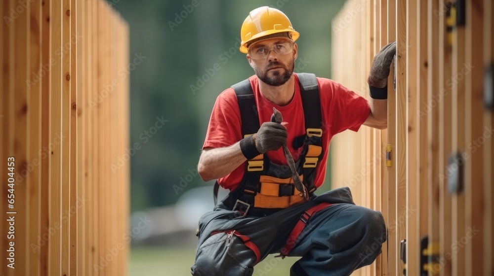 Poster Worker on site, Construction worker using leveling tool at construction site.