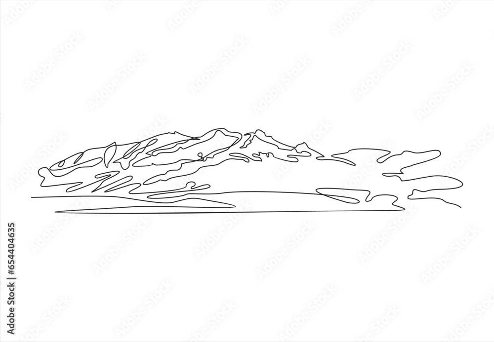 Poster one continuous line drawing of mountain range landscape. web banner with mounts in simple linear sty