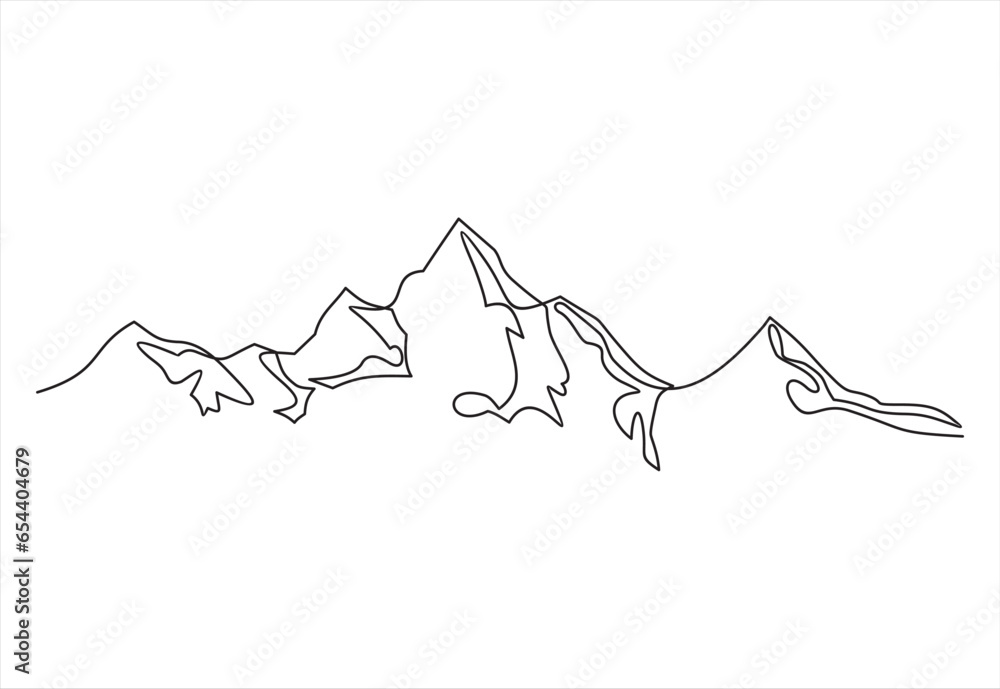 Aufkleber one continuous line drawing of mountain range landscape. web banner with mounts in simple linear sty