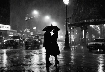 Romantic couple kissing in the rain in New York at night - 654404659