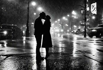 Romantic couple kissing in the rain in New York at night - 654404667