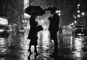 Romantic couple kissing in the rain in New York at night